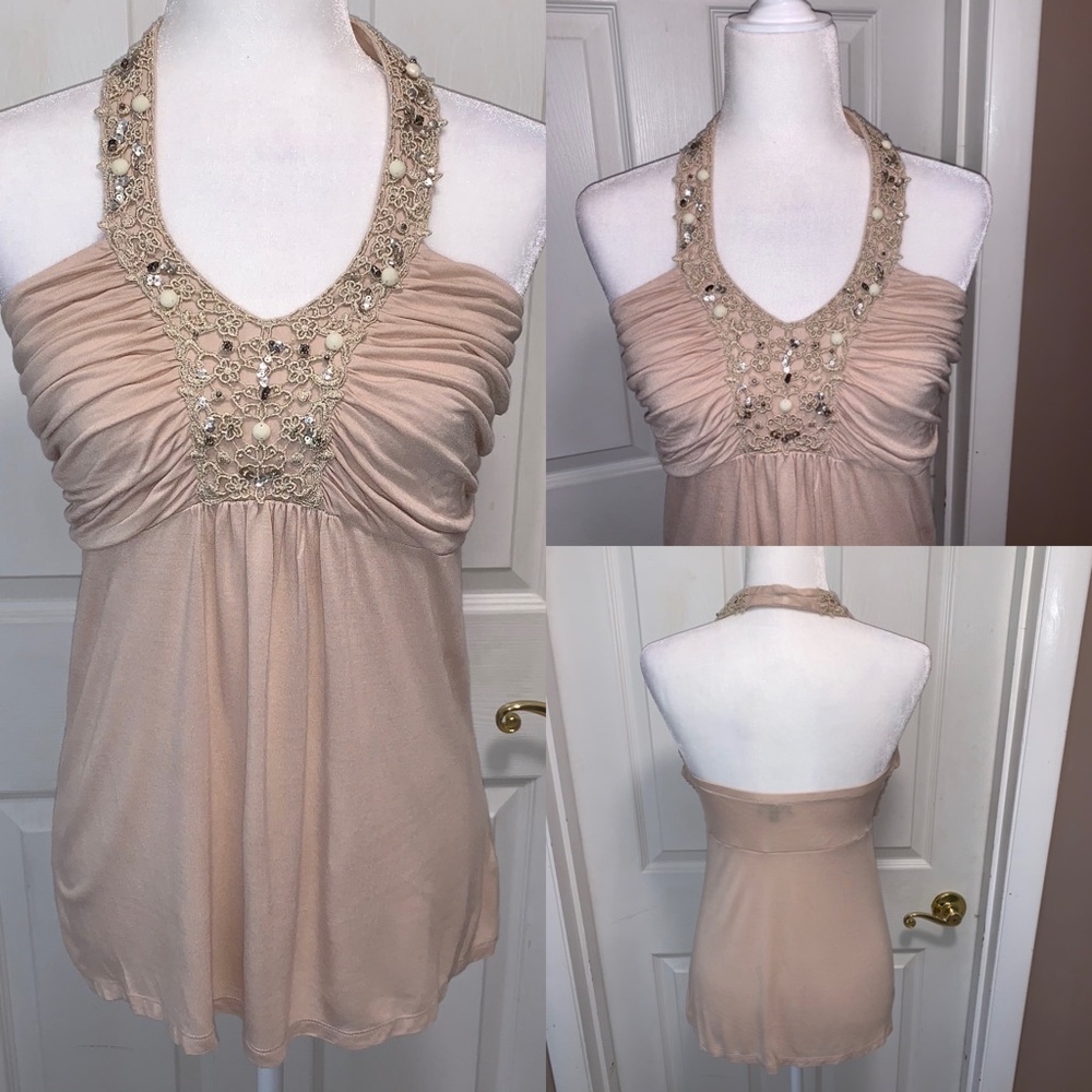 Express Crochet and Beaded Halter Top in Beige
